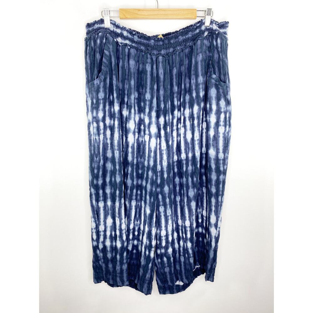 Democracy Blue White Tie Dye Smocked Elastic Waist Pants Women's Plus Size 3X